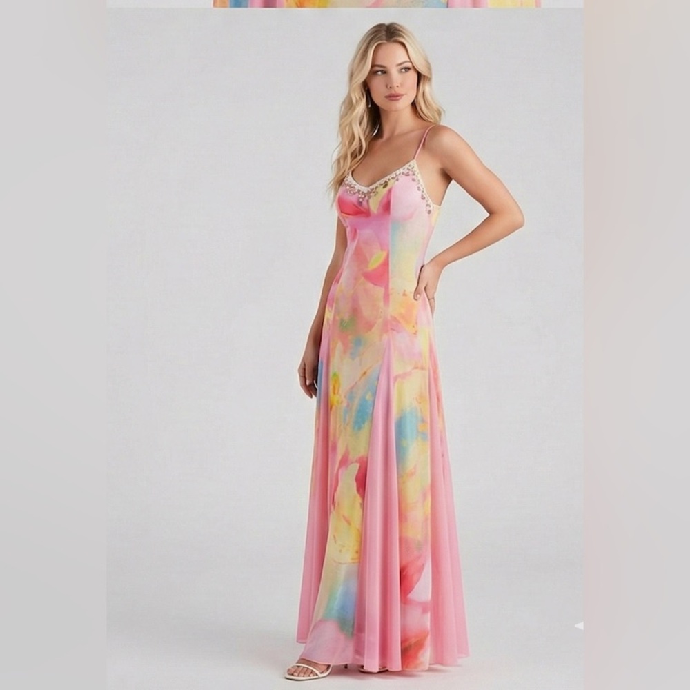 Y2K Pastel Pink Watercolor Mesh Maxi Dress - Picture 8 of 13